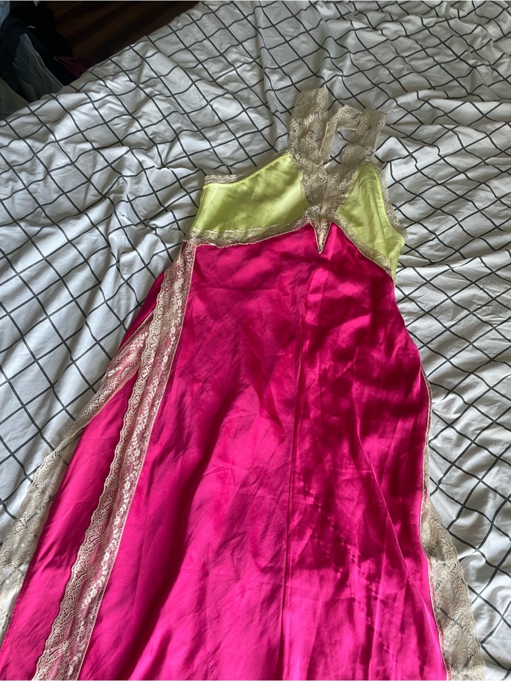 Silky Lace Trim Women's Slip Dress in Hot Pink & Lime - Brand: